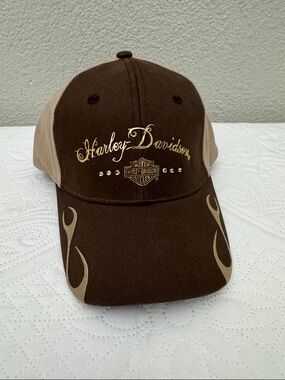 Harley Davidson Tan Brown Hat Gold Bling Metallic Logo
